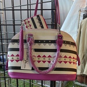 Magenta and Black Striped Women's Bag & Wallet